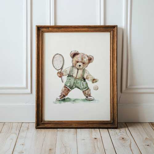 Vintage Tennis Teddy Bear Wall Art, Watercolor Illustration of a Bear Playing Tennis, Retro Decor for Kids Room, Nursery, or Sports Fans