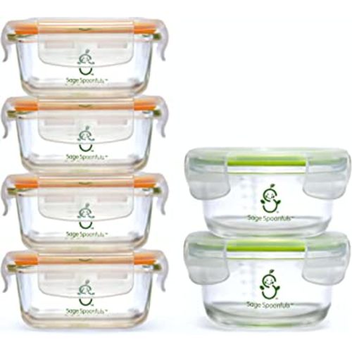 Sage Spoonfuls Glass Baby Food Containers with Lids - 6 Pack, 4 oz & 7oz Baby Food Jars, Durable, Leakproof, Airtight, Freezer Storage, Reusable Glass Baby Food Containers, Microwave & Dishwasher Safe