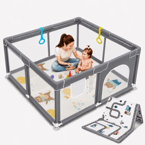47x47Baby Playpen with Non-Slip Play Mat and Storage Bag, Indoor & Outdoor Playpen with Door, Portable Baby Activity Center, Grey