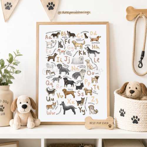 Dog Breeds Alphabet Print: Illustrated A-Z Puppy Poster