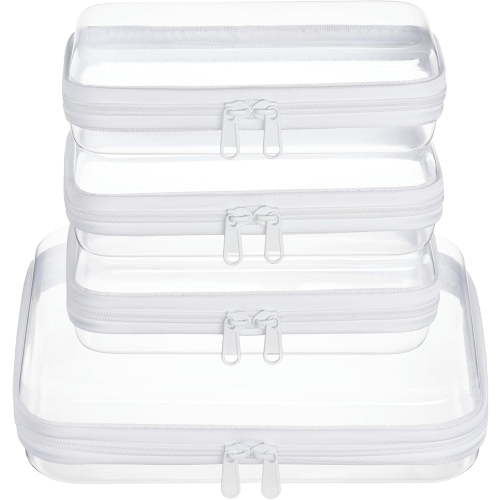 KEAWIS 4 Pack Clear Hard Shell Zipper Pouches, Multi-Size Travel Organizer Cases, Transparent Cosmetic & Toiletry Bags, Portable Diaper Bag Inserts & Small Toy Storage Bins