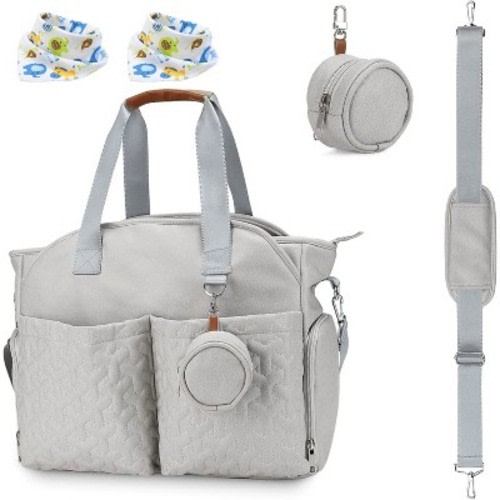 Babyluv"Breast Pump & Diaper Tote Bag with Detachable Strap, Side Pockets, Free Bibs, Compatible with Spectra & Medela"LightGrey