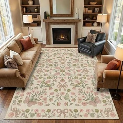 6x9 Area Rug for Living Room，Boho Pink and Green Floral Butterfly Bow Rugs，Non-Slip Washable Foldable Bedroom，Dining Room