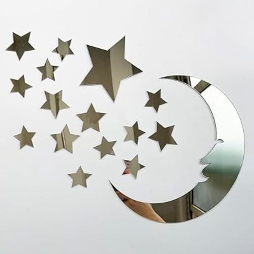 37pcs 3D Moon and Stars Silver Acrylic Wall Stickers with Adhesive Art Decal Satin Paper Baby Kids Bedroom Home DIY Decor Removable Stickers (Moon and Stars)