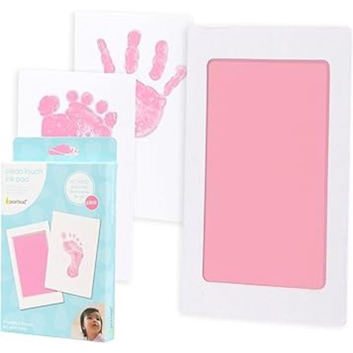 Pearhead Newborn Baby Handprint Or Footprint Clean-Touch Ink Pad Kit, No Mess Baby Safe Print Kit, Newborn Baby Girl Keepsake, 2 Impression Cards, Small Size, Pink