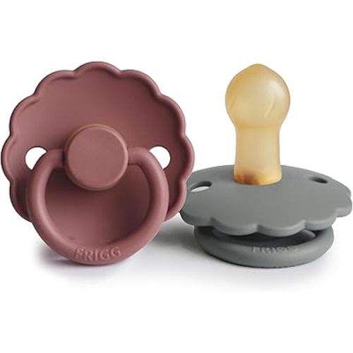 FRIGG Daisy Natural Rubber Baby Pacifier | Made in Denmark | BPA-Free (Woodchuck/French Gray, 0-6 Months) 2-Pack