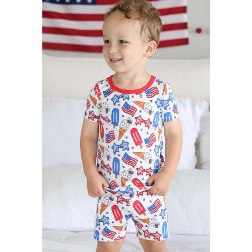 Two Piece Short Bamboo Pajamas in Red, White & Cool | Caden Lane