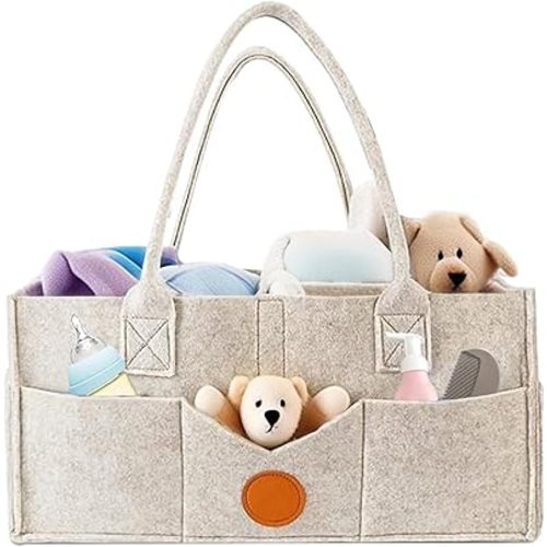 Baby Diaper Caddy Organizer, Felt Cloth Nursery Storage Bin and Car Organizer, Baby Storage Basket for Diapers and Baby Wipes, Changing Table Organizer (Khaki)