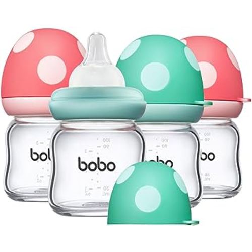 YOHKOH Natural Glass Baby Bottle with Level 1 Slow Flow Nipple, Newborn Anti-Colic Baby Bottles, Wide Neck Mushroom Baby Glass Bottle (3.4oz (Pack of 4), Multicolour)