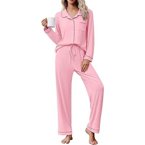 Ekouaer Pajama Sets Women Classic Long Sleeve Button Down Sleepwear Soft Pjs Lounge Sets