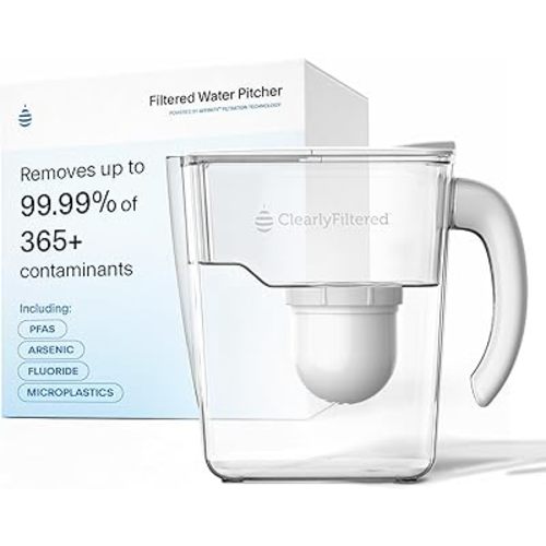 Clearly Filtered No.1 Filtered Water Pitcher/Updated Model/Targets 365+ Contaminants e.g. Fluoride Chlorine PFAS Microplastics Lead Arsenic BPA/BPS Free (Pitcher Includes 1 Filter)