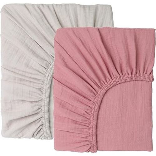 Muslin Crib Sheets –GOTS&OEKO-TEX® Certified Organic Turkish Cotton Fitted Sheets for Baby Crib, Boys & Girls, Soft & Breathable, 2 Pack Toddler Bed Sheets 52x28, Cotton Latte & Neutral Rose