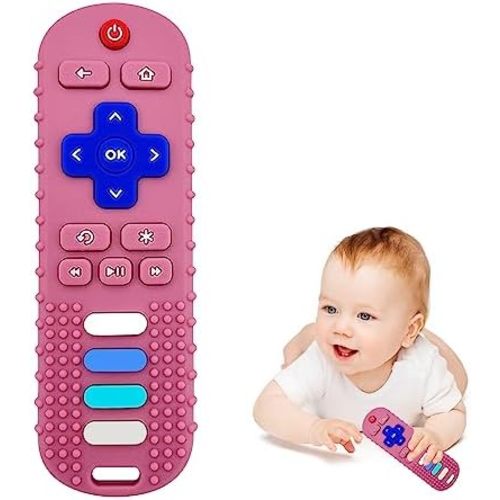 ROBBEAR Baby Teething Toys, Food Grade Silicone Teether for Babies 3 6 12 18 Months, TV Remote Shape Toddlers Chew Toys, Freezer BPA Free (Pink RC)