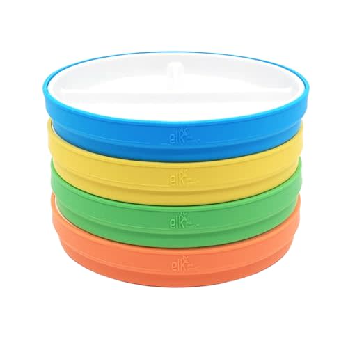 Elk and Friends Kids 7.8” Porcelain White Plates with Silicone Sleeves | Divided Plates | Suitable for Kids/Toddlers | Microwave & Dishwasher Safe | Non Slip | Snack Dishes…