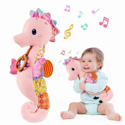 Baby Girl Toys 0-6 Months,Musical Stuffed Animal Plush Toy with Rattle,Soft Newborn Toy for 0 3 6 9 12 Months Girls,Baby Girl Gift,Pink