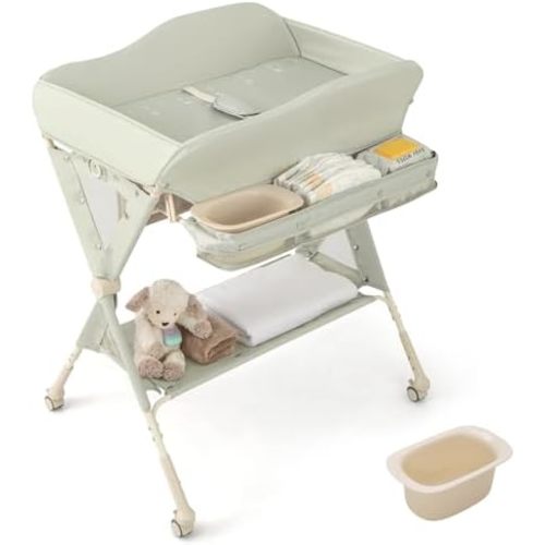 BABY JOY Portable Baby Changing Table, Foldable Diaper Changing Station w/Wheels, Adjustable Height, Large Storage Rack, Water Basin, Safety Belt, Mobile Nursery Organizer for Newborn Infant (Green)