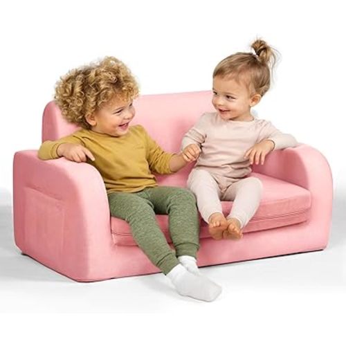 3-in-1 Extra Wide Convertible Kids Couch, Flip Open Toddler Couch to Lounger, Comfy Toddler Chair, Machine-Washable Kids Sofa for Girls, Kid Sofa Bed for Fun Playtime or Comfy Lounging, Pink