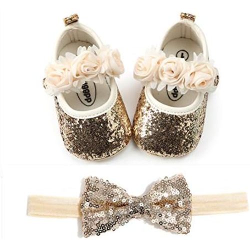 OAISNIT Baby Girl Mary Jane Flats Sparkly Soft Infant Princess Dress Crib Shoes with Headband