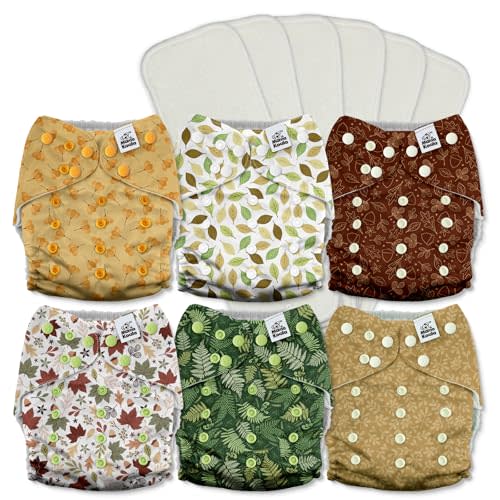 Mama Koala 3.0 Pocket Cloth Diapers for Babies with AWJ Lining, 6 Pack with 6 5-Layer Natural Cloth Diaper Inserts - Reusable and Washable Pocket Diapers(A-Falling Leaves)