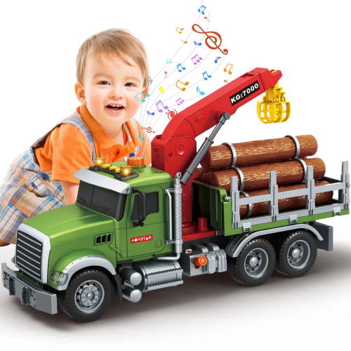 Kids Timber Truck Toy with Loading Crane, 15" Large Friction Powered Construction Truck with Lights and Sounds, Play Vehicle Toys for Kids