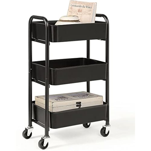 SunnyPoint 3-Tier Delicate Compact Rolling Metal Storage Organizer - Mobile Utility Cart Kitchen/Under Desk Cart with Caster Wheels - BLK (15.35" X 10.24" X 26.8"H)