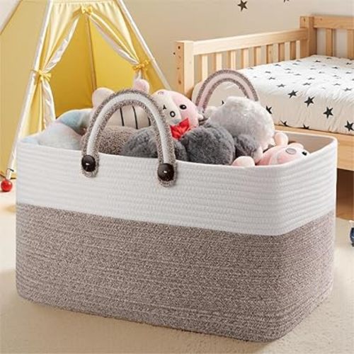OIAHOMY 75L Large Blanket Basket, 22”x17”x12” Rectangle Woven Baskets For Storage, Nursery Blanket Storage Living Room, Toy Box With Long Handle-Gradient Brown With White