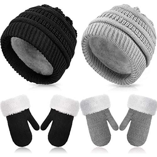2 Sets Baby Warm Winter Hat and Mitten Gloves Set for Kids Toddler Children Knit Beanie Hat Gloves for Girls Boys
