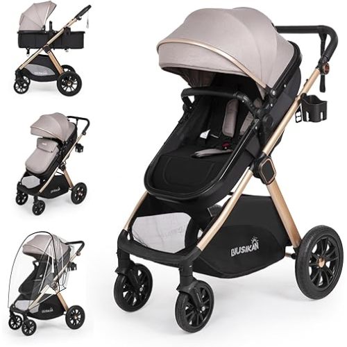 6-in-1 Convertible Baby Stroller with Bassinet Mode - Toddler Stroller w/Footmuff, Rain Cover, Cup Holder & Large Storage, Newborn w/All-Scene Large Wheels, Reversible Seat(Grey)