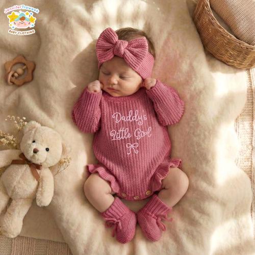 Embroidered Daddy's Little Girl Knit Baby Romper, Father's Day Gift For Daughter, Minimalist Baby Girl Clothes, Little Girl Coquette Bow Tee