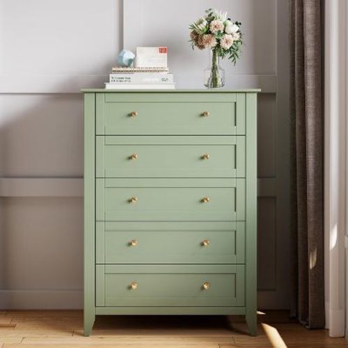 5 Drawer Dresser for Bedroom, Dresser with Deep Drawers & Metal Knobs, Tall Modern Wooden Chests of Drawers for Entryway, Hallway, Apple Green