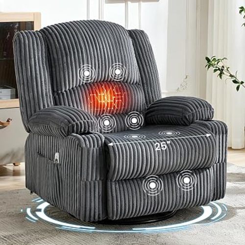 Oversized Corduroy Recliner Chair with Massage and Heat, 360° Swivel Rocker
