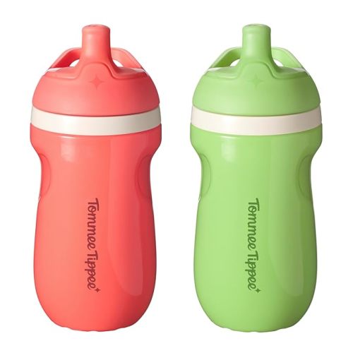 Tommee Tippee Insulated 9oz Sporty Spout Toddler Water Bottle, No Spill Sippy Cups for Toddlers 1-3, Two-Piece Valve Helps Stop Spills, BPA Free, Pink and Mint, Pack of 2