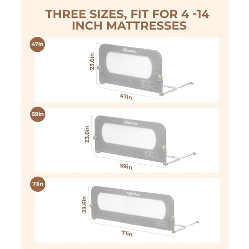 Bed Rail for Toddlers,Foldable & Swing Down,Gap Free Safety Anti-Pinch Double Crossbar Bed Guard More Stability,Quick No-Tool Installation for Twin, Full, Queen, King Beds (Gray, 71in)