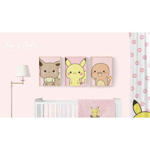 Poke Animals Wall Art Set, Baby Girl Digital Arl, Poke Animals Nursery Set, Personalized Poke Baby Digital Files, Pink
