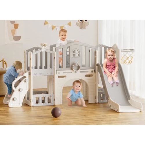 XJD 9 in 1 Toddler Slide Set, Kids Slide for Toddlers Age 1+, Toddler Climber Slide PlaySet with Basketball Hoop and Ball,Outdoor Indoor Playground for Toddlers 1-3 (Gley)