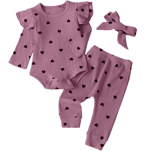 Caqnni Baby Girls Clothes Baby Girls Outfit Long Sleeve Ruffle Romper Floral Pants Headband Sets 0-18 Months for Girls 6 9 12 18 24 Monthsï¼Purpleï¼6-9 Months