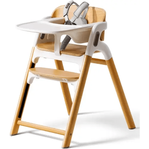 Momcozy DinerPal Wooden High Chair for Babies, Toddlers & Adults Up to 308 Lbs, Convertible Baby Highchair with Food-Grade Tray, Dishwasher-Safe, Adjustable & Ergonomic, Natural Wood