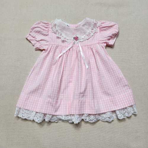 Vintage 80s Pink Gingham Lace Collar Dress Rosette Ribbon Bow Toddler Girl 18m 24M 2T