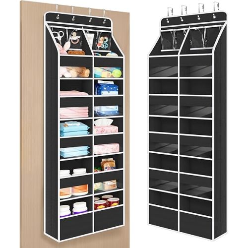 Univivi 6-Shelf Over Door Hanging Organizer Fabric Door Storage for Baby Nursery Nursery Closet Cabinet Wall Mount Hanging Storage Organizers with 10 Deep Pockets and 4 Small PVC Pockets(Black)