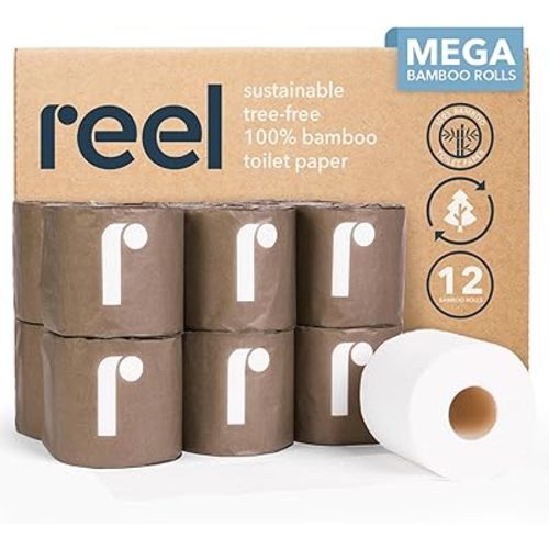 Reel Premium 3-Ply Bamboo Toilet Paper, Unbleached - 12 Rolls, 300 Sheets per Roll - Non-Toxic, Chemical & Bleach Free Toilet Paper - Tree-Free, Septic Safe - Bath Tissues with Zero Plastic Packaging