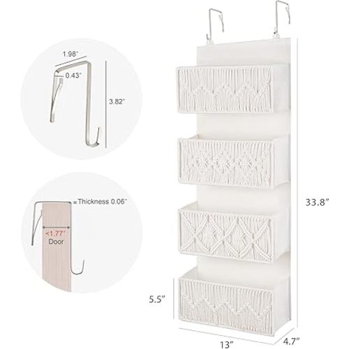 Dahey Over The Door Organizer Macrame Boho Nursery Storage Decor with 4 Large Woven Pockets Closet Behind Hanging Organizer for Bedroom Nursery Bathroom Apartments Dorm Pantry Decoration,White