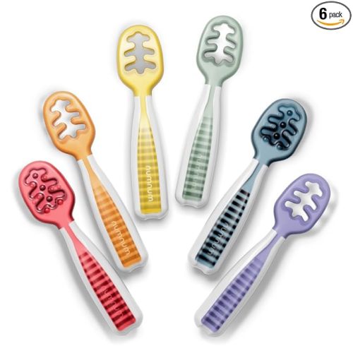 NumNum Baby Spoons Set, Baby Essentials Pre-Spoon GOOtensils for 6+ Months, First Stage Self-Feeding Spoons for Baby Led Weaning (BLW), Silicone Toddler Utensils, BPA-Free, 6 Pack Rainbow