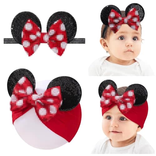 choicbaby Baby Girl Round Ears Headbands Headwrap with Sequin Polka Dot Bow Soft Stretchy Nylon Ear Hair Bands for Newborn Infant Baby Toddler Girls- Pack of 2