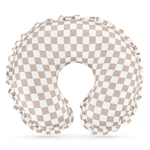 DILIMI Nursing Pillow Cover, Removable Ruffled Pillowcase for Breastfeeding Pillows, Ultra Soft Comfortable Slipcover for Baby Girl and Boy, Coffee Gingham