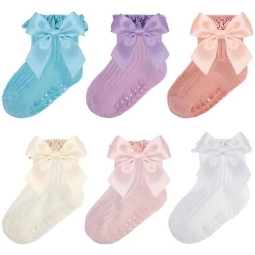 Baby Socks Baby Girl Non Slip Grip Ruffle Socks with Bows Soft Cotton Toddler Girl Sock with Grips Newborn Infant