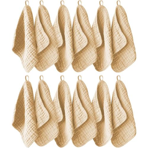 12 Pack Muslin Washcloths for Baby - 100% Cotton Baby Wash Cloths for or Baby Face Body Comfy and Soft for Newborn Infants Kids Girls and Boys - 12"x12" - Brown