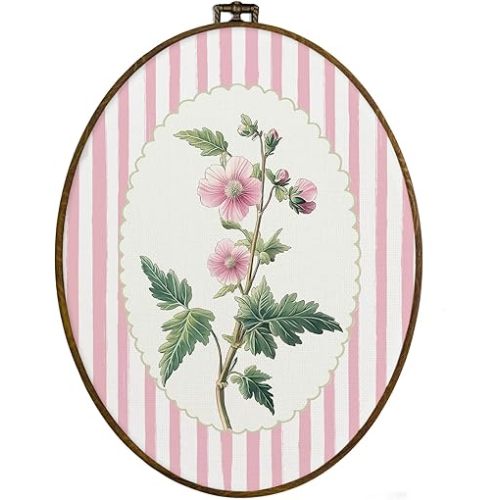 dvhdajed Pink Coquette Floral Oval Wall Art Decor, Farmhouse Grandmillennial Flower Framed Canvas Art, Retro Pink and White Striped Floral Wall Hanging Decor for Girls Room Pastel Bedroom, 8.7x11.3