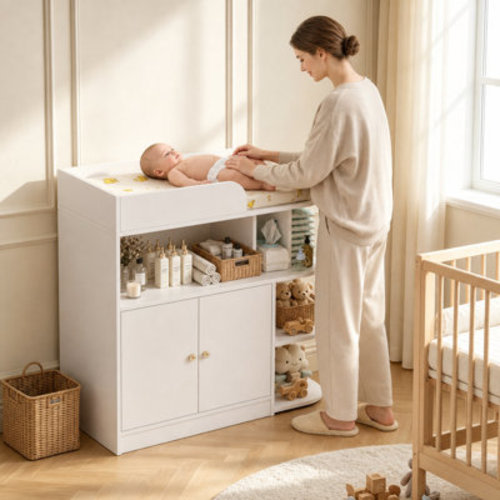 Isabelle & Max™ Baby Dresser With Changing Table, Nursery Dresser With 4 Open Shelves And Plus Double-door Cabinet, Multifunctional Changing Table With Storage | Wayfair