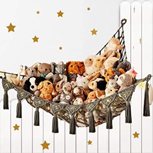 TIDYTEDS Macrame DreamLights Boho Stuffed Animal Storage Net for Stuffed Animals (Extra Large) and Stuffed Animal Net or Hammock for Small Stuffed Animals or Plushies. Plush Grey Toy Storage Holder