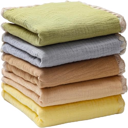 JUVA Baby Washcloths 10x10 5-Pack Organic Cotton Muslin SoftAbsorbent Newborn Infants Toddlers Unisex Daily Cleaning(Dark Colors)